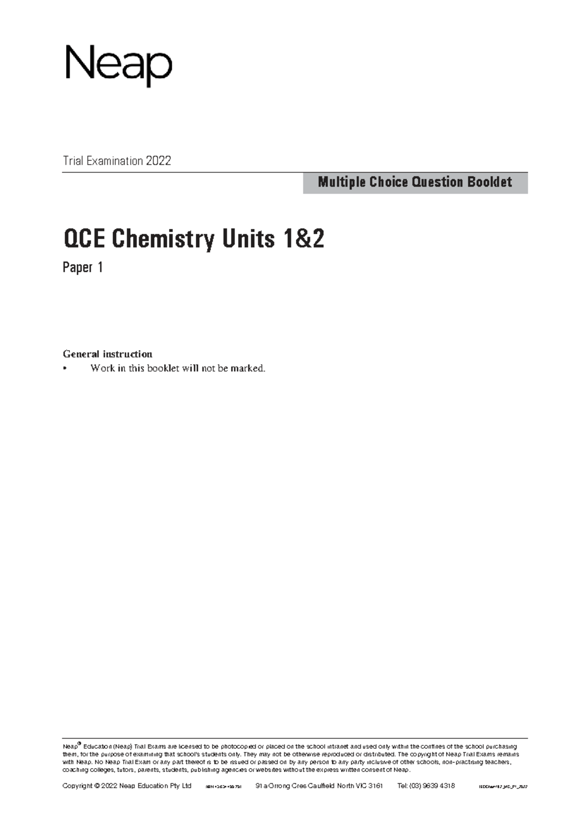 QCE Chemistry Units 1&2 Trial Exam Paper 1 MCQ Booklet 2022 - Studocu