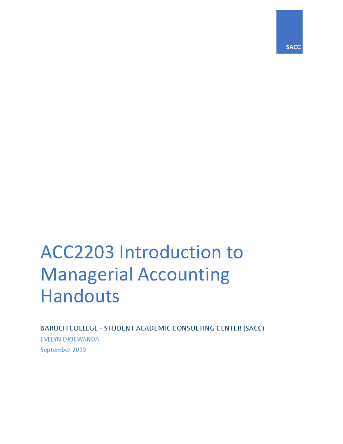 ACC2203 Managerial Accounting Handouts - September 2019 - Studocu