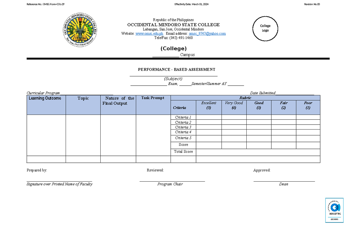 OMSC-Form-COL-29-Performance-Based-Assessment Rev - Reference No.: OMSC ...