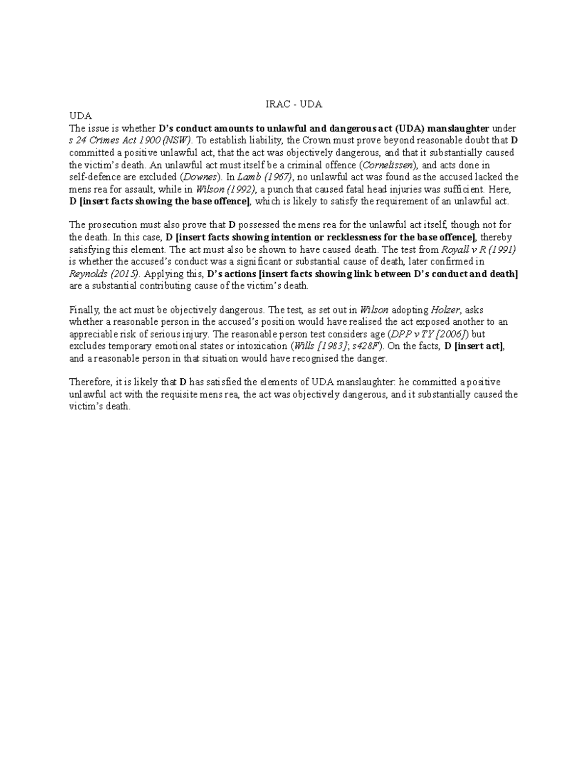 IRAC Notes on UDA Manslaughter and Criminal Negligence (NSW) - Studocu