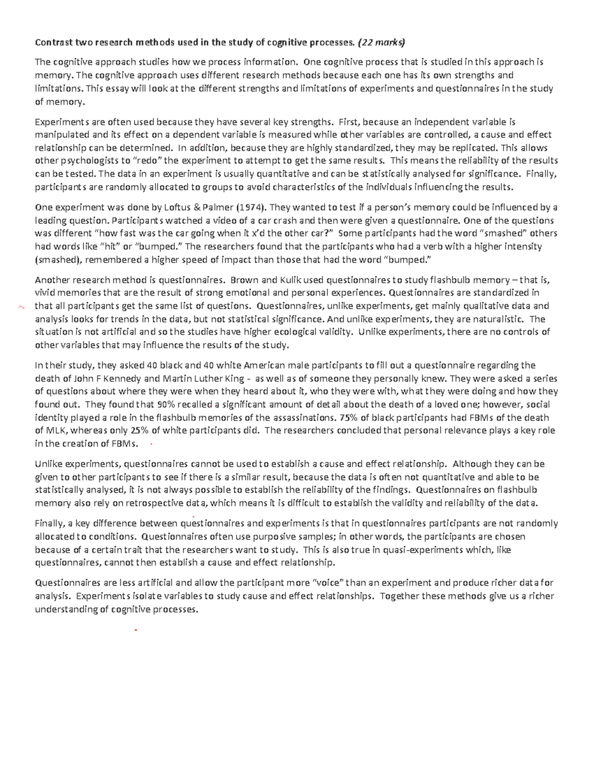 Cognitive Processes: Contrasting Experiments & Questionnaires (22 Marks ...