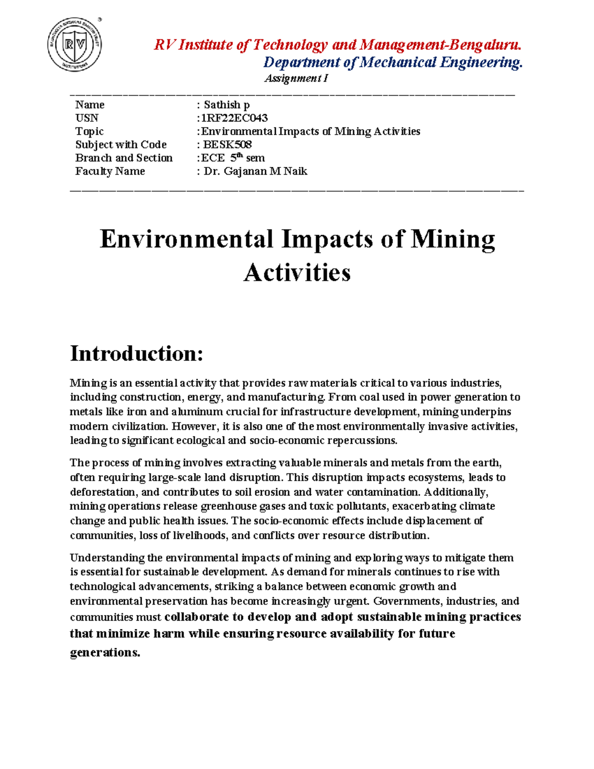 BESK508: Environmental Impacts of Mining Activities - Assignment I ...