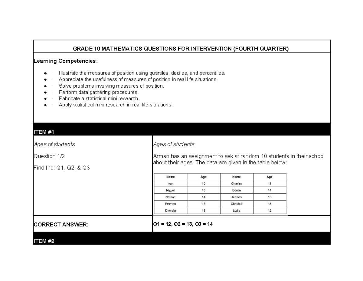 Grade 10 Math Questions for Intervention (4th Quarter) Review - Studocu