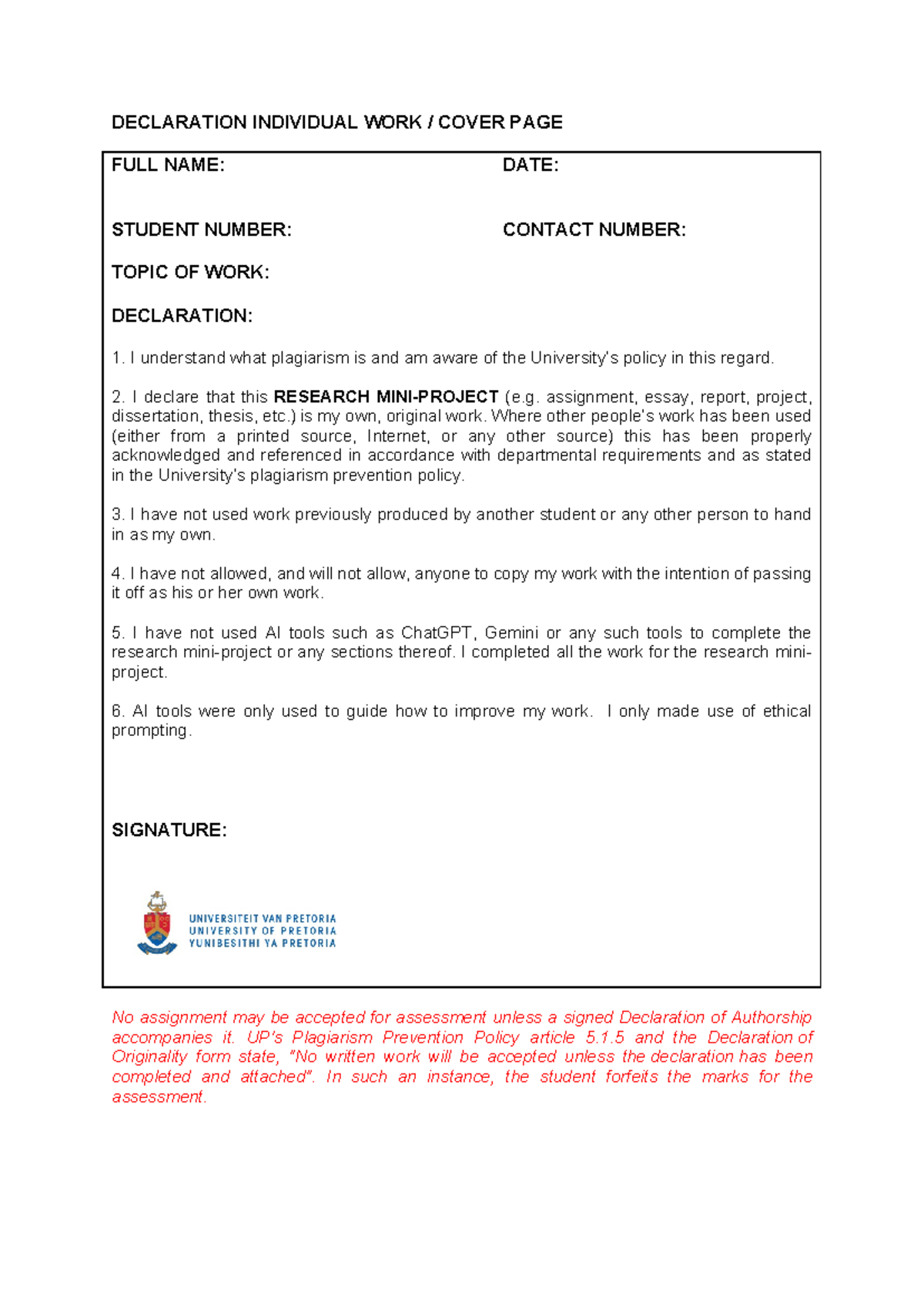 JNM 461 Declaration of Originality for Research Mini-Project - Studocu