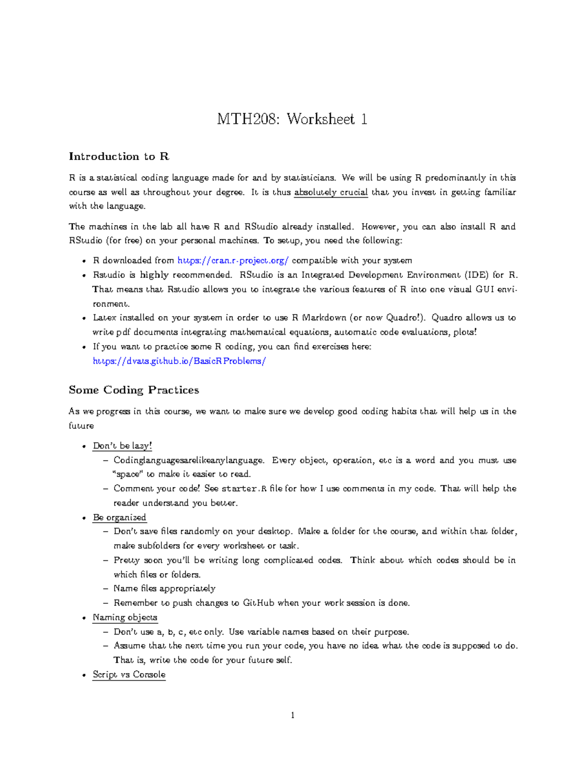 MTH208: Worksheet 1 - Introduction to R Programming Basics - Studocu