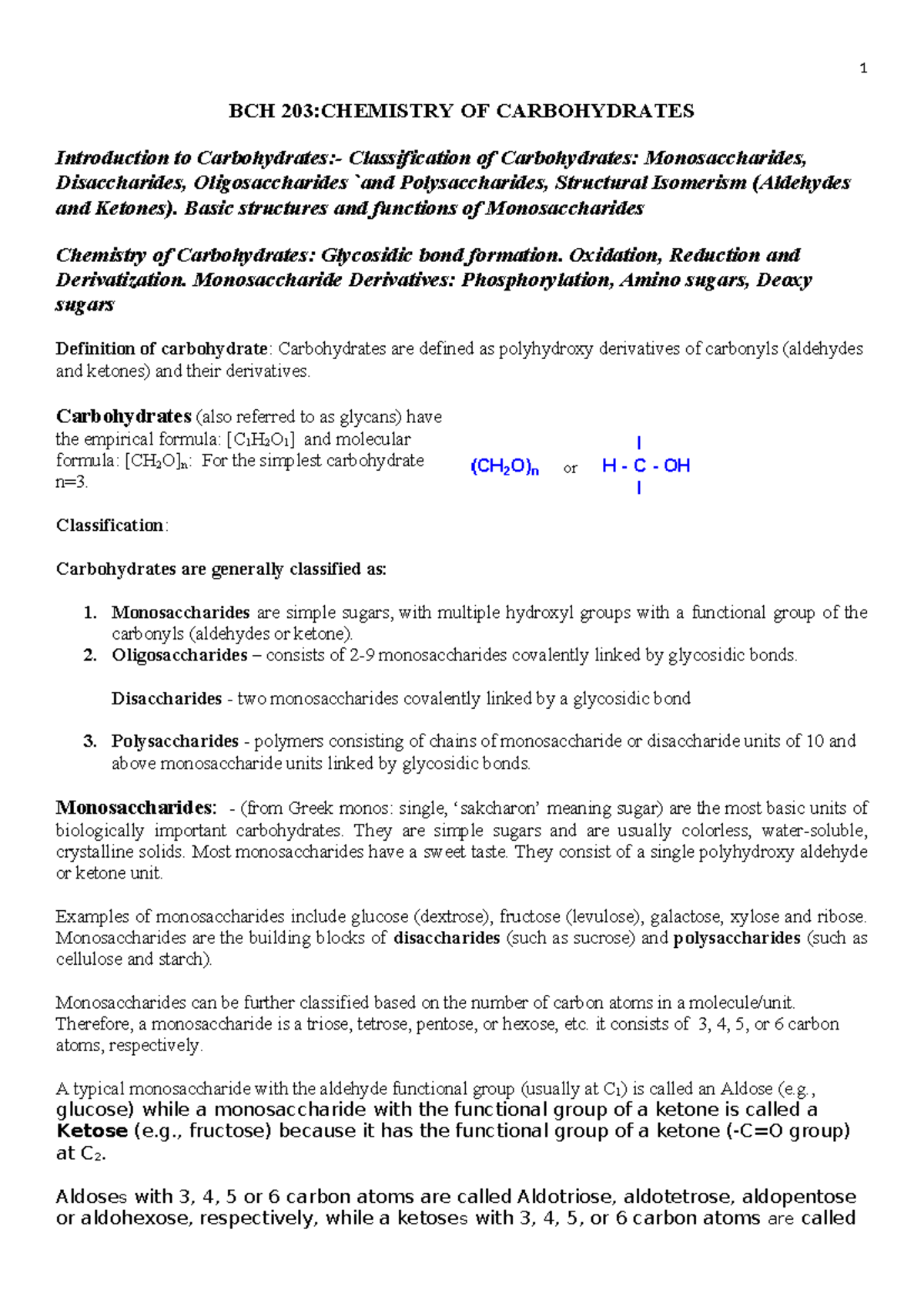 BCH 203: Carbohydrate Chemistry - Classification & Structure Overview ...