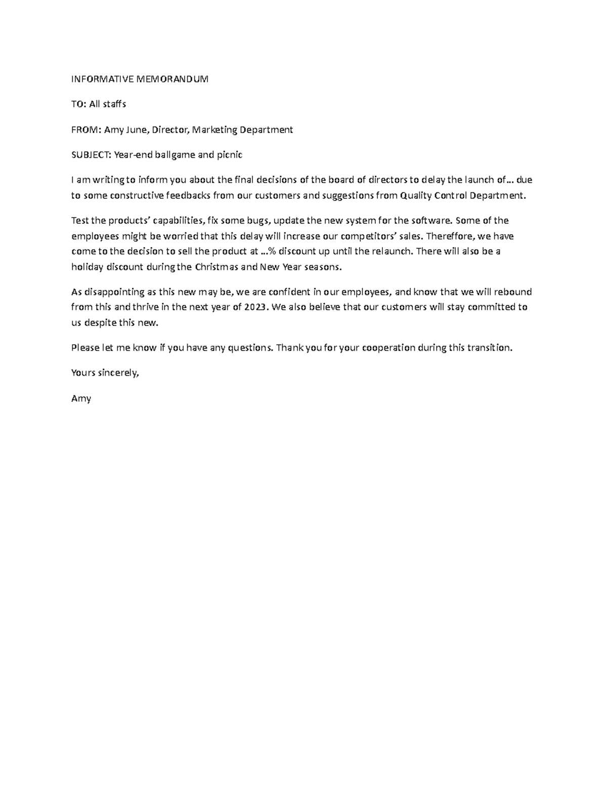 Informative Memo: Year-End Ballgame and Software Training Updates - Studocu