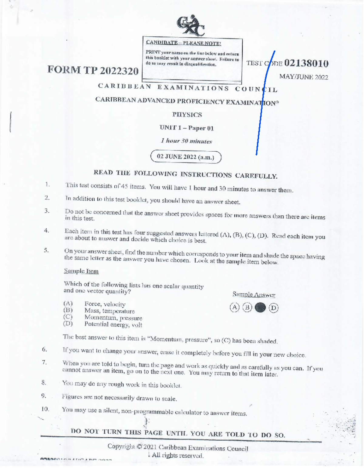 CAPE Physics Unit 1 Paper 01 2022 - Test Instructions and Guidelines ...