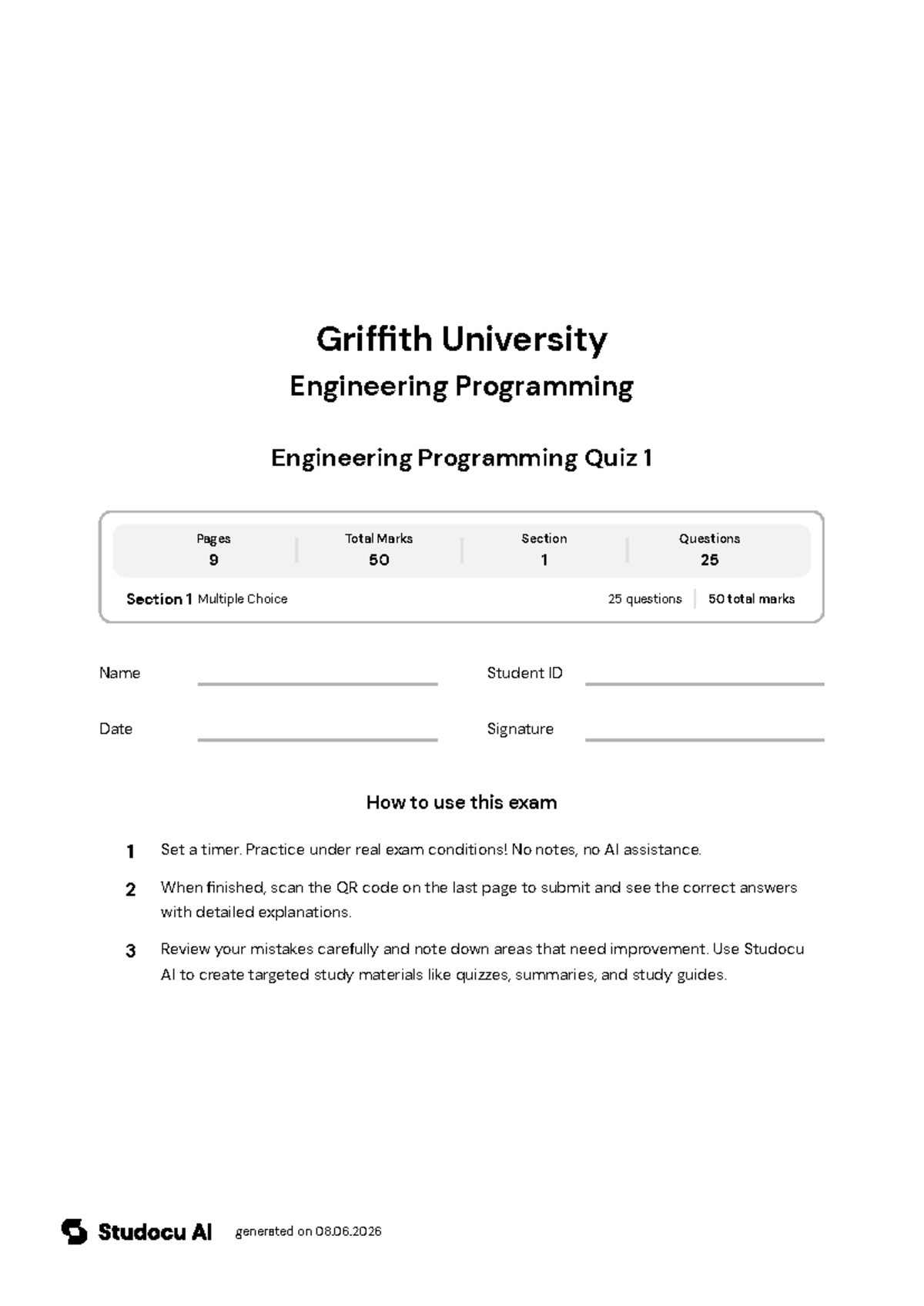 ENGR 101 Programming Quiz 1 - Studocu