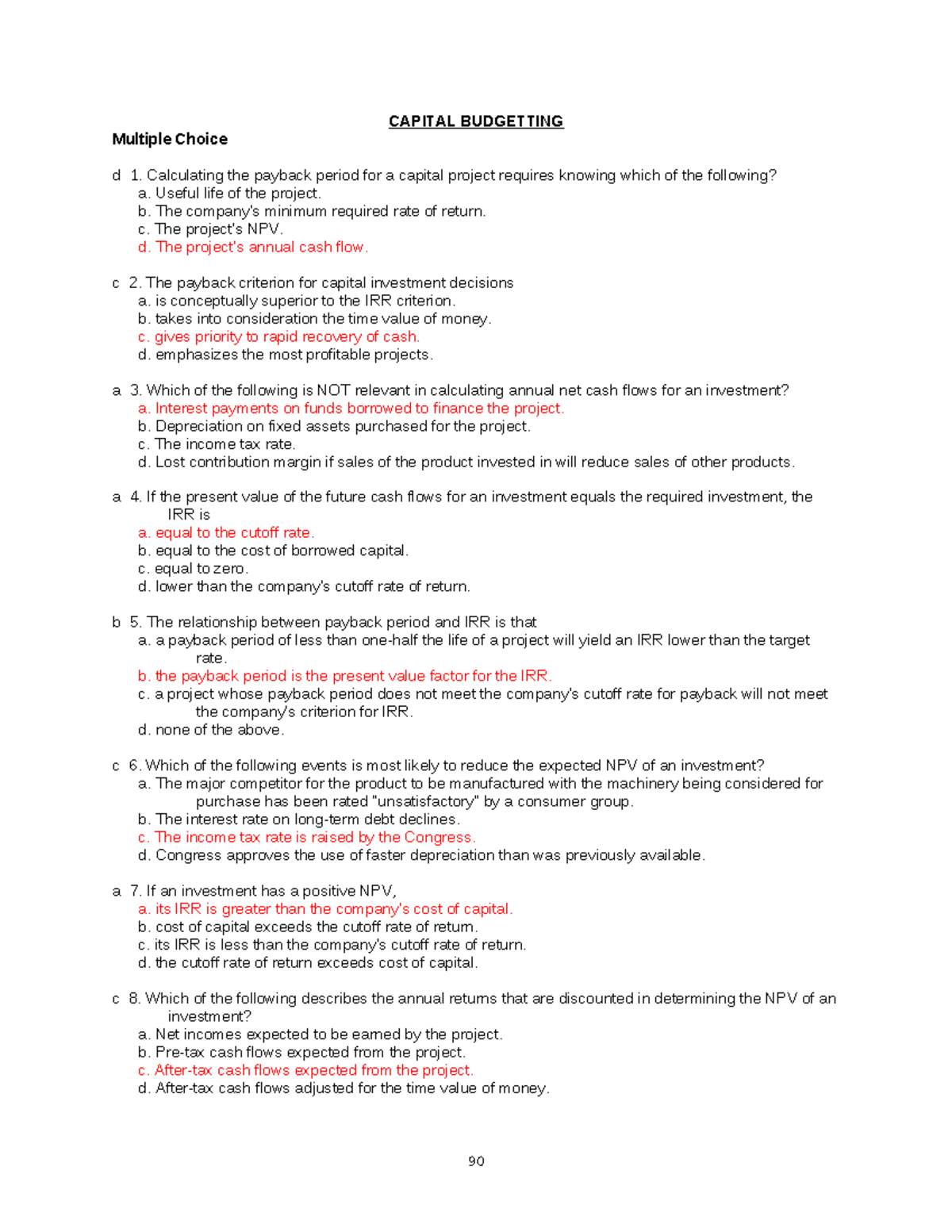CAPITAL BUDGETING MCQs: Payback Period & NPV Analysis - Studocu