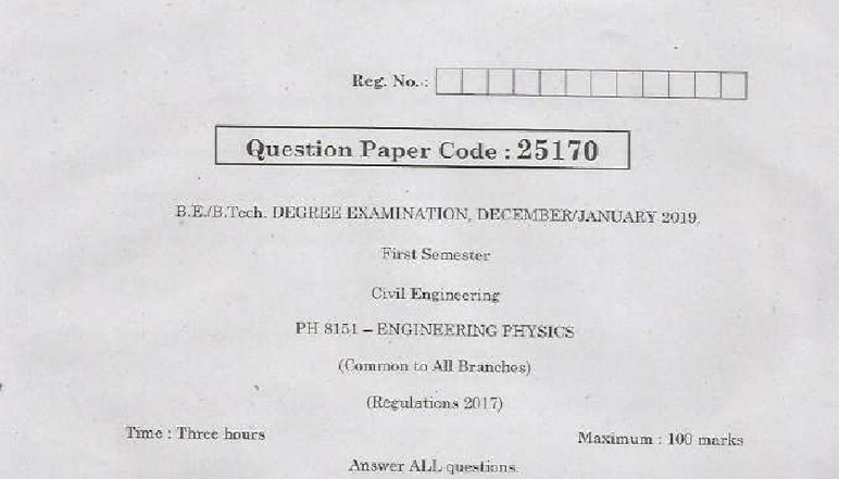 PH 8151 Engineering Physics Degree Exam Question Paper 2019 - Studocu