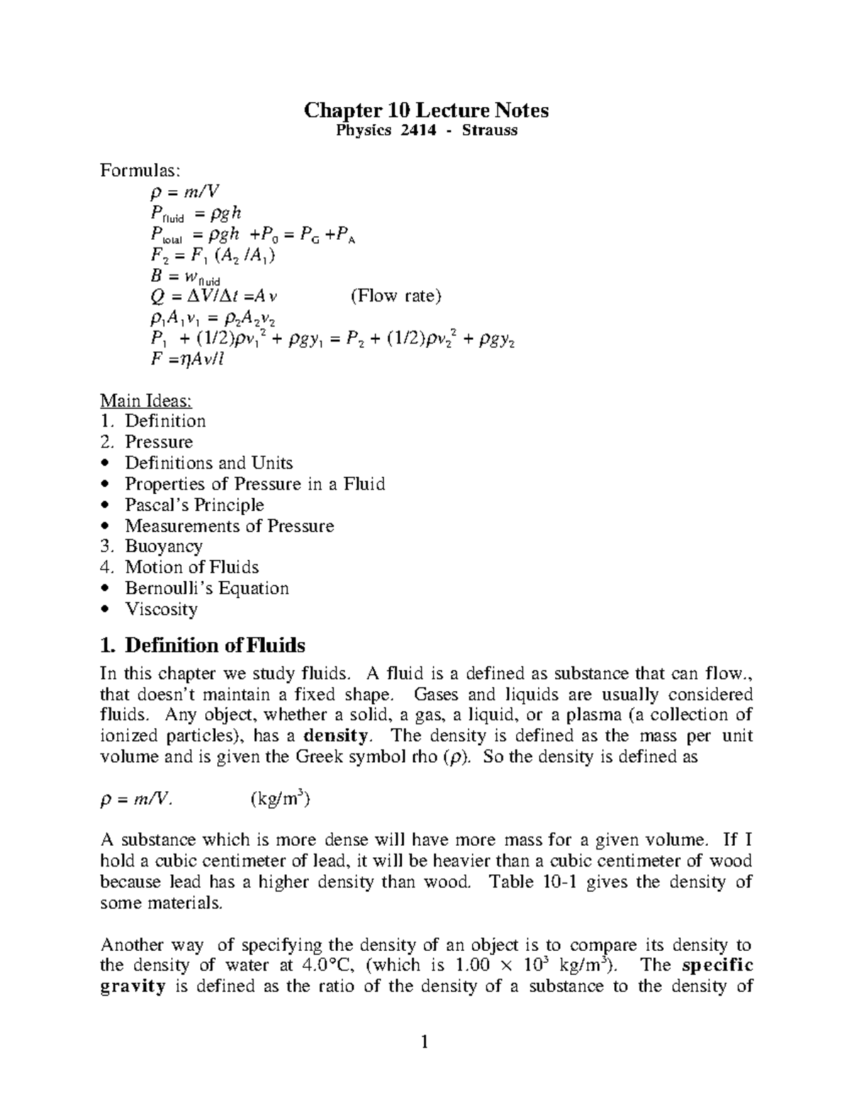 Physics 2414 - Chapter 10 Lecture Notes on Fluid Mechanics - Studocu