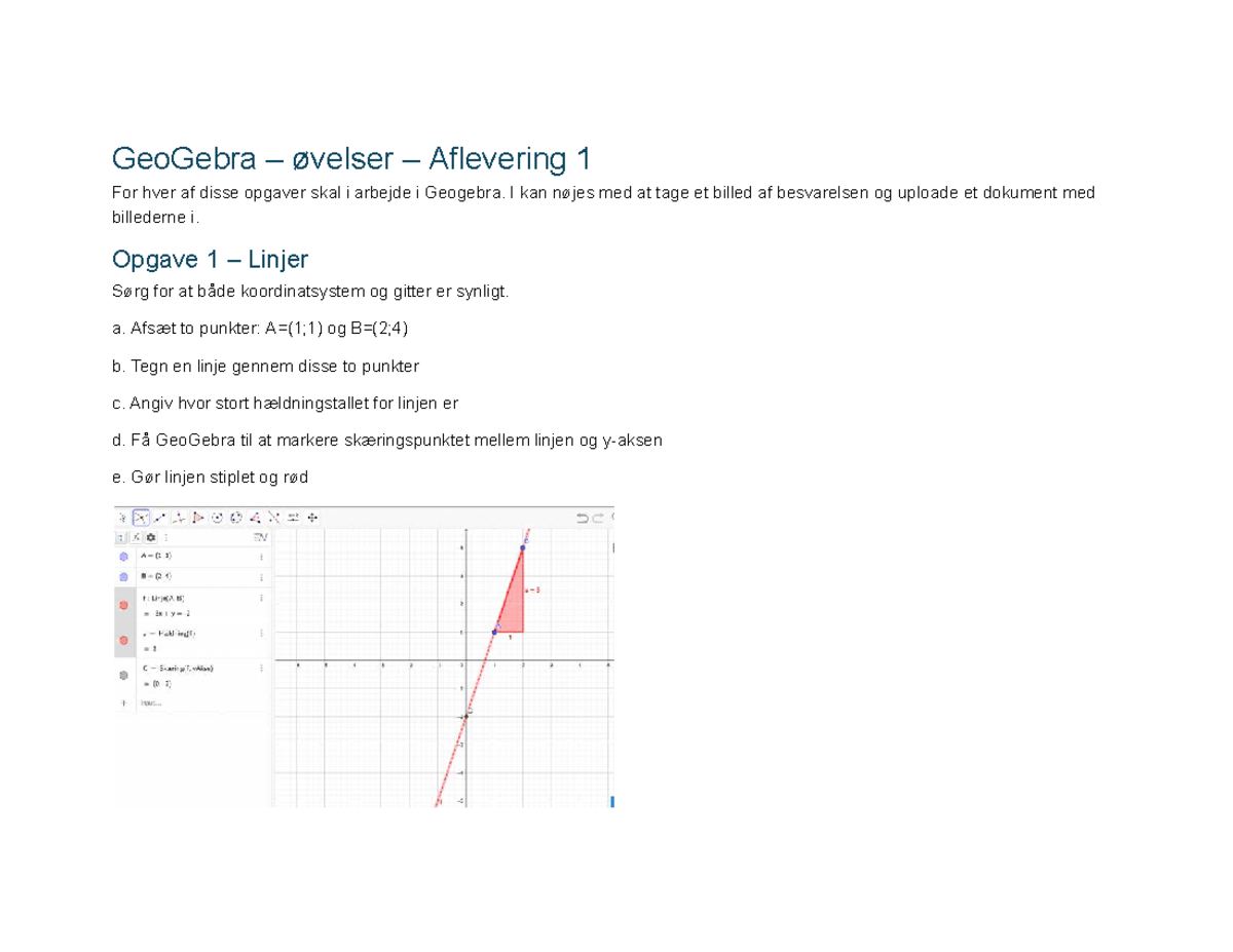 GeoGebra Øvelser - Aflevering 1: Opgaver og Løsninger - Studocu