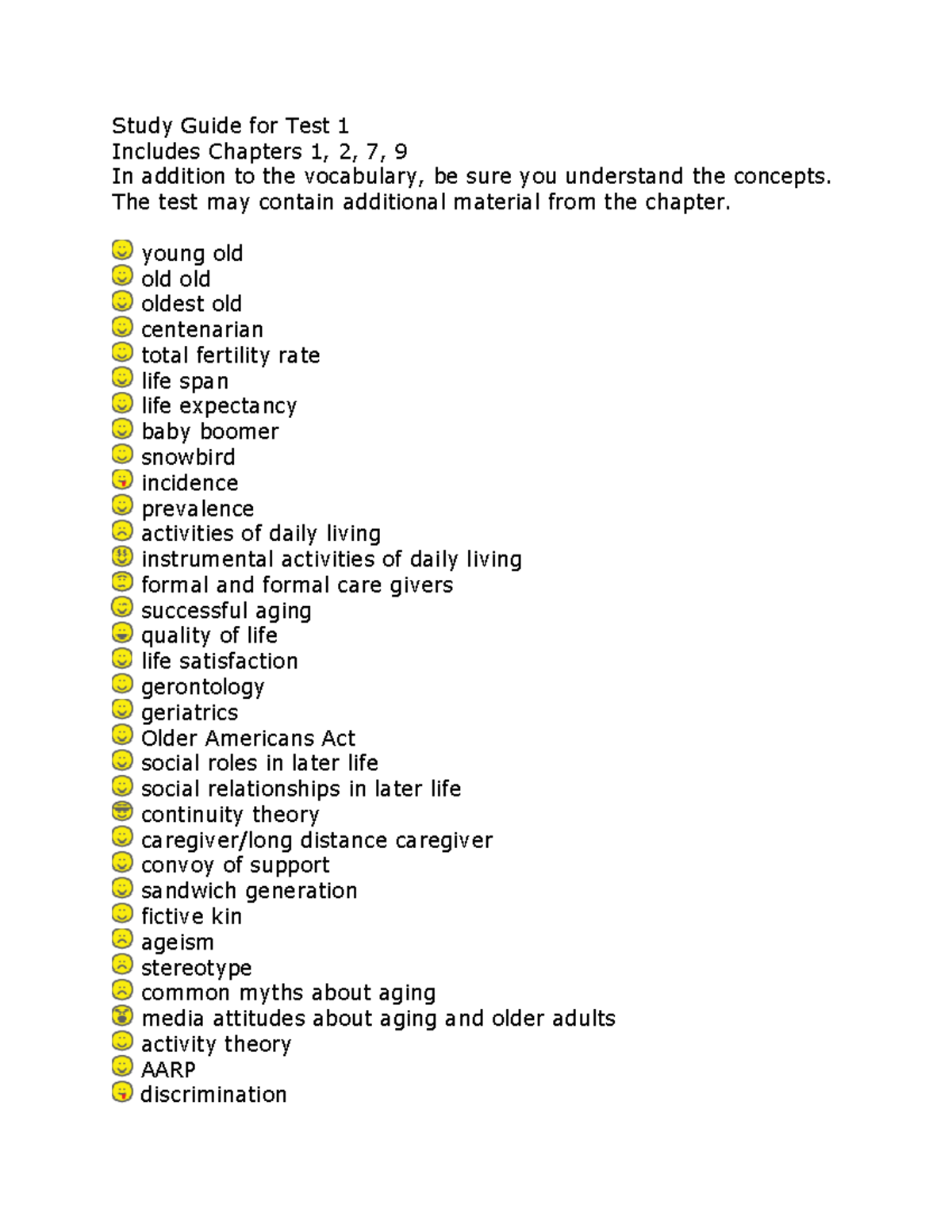 Study Guide for Test 1 - The test may contain additional material from ...