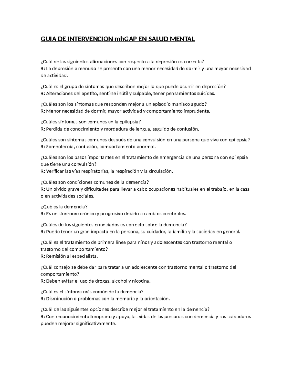 Guía de Intervención mhGAP en Salud Mental: Estrategias y Urgencias - Document Preview