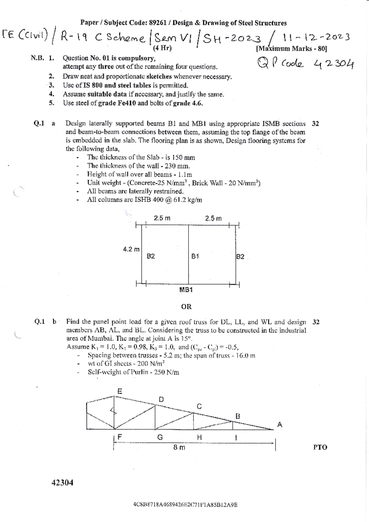 SEM VI Civil 89261 Design & Drawing of Steel Structures Exam Dec 23 ...