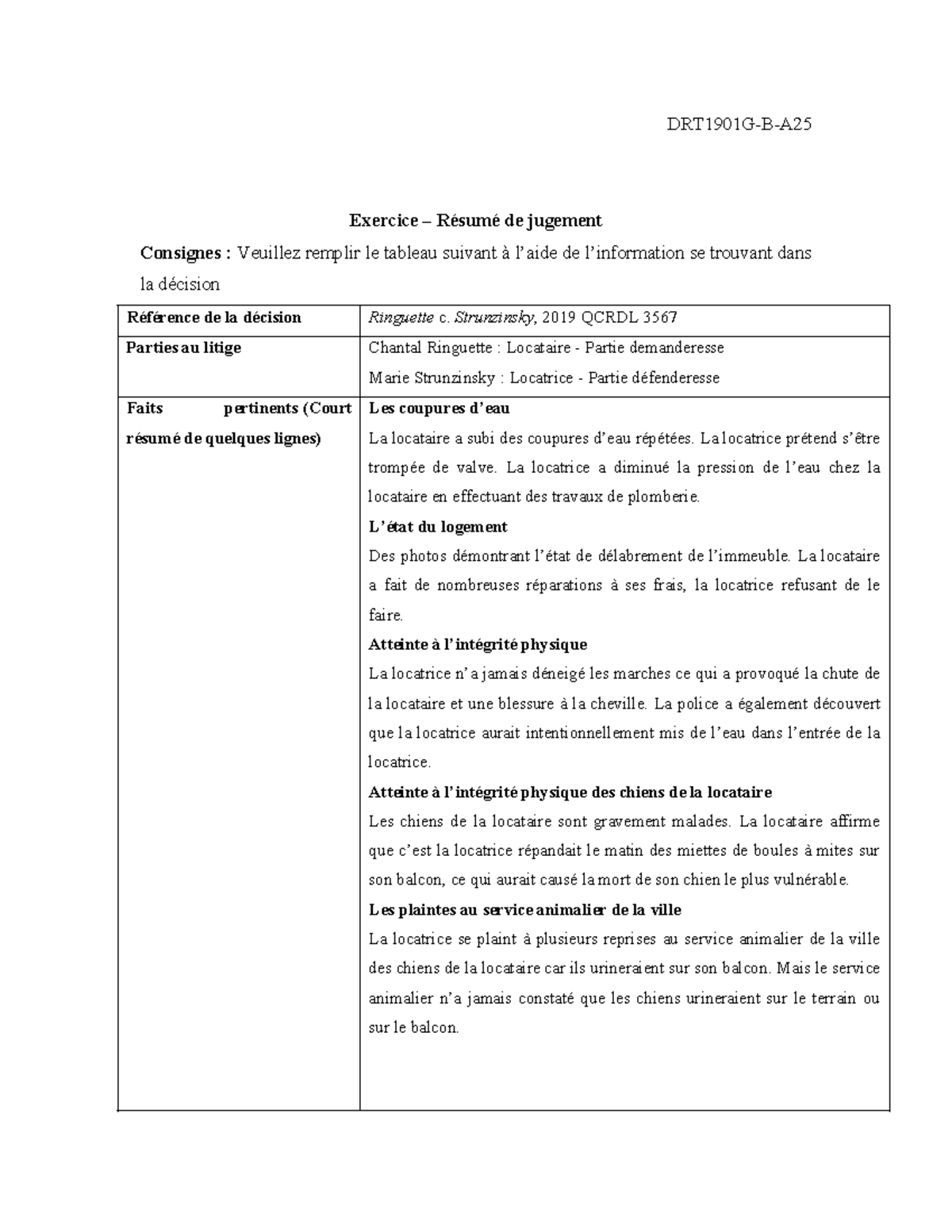 Exercice - Résumé de jugement Ringuette c. Strunzinsky, 2019 QCRDL 3567 ...