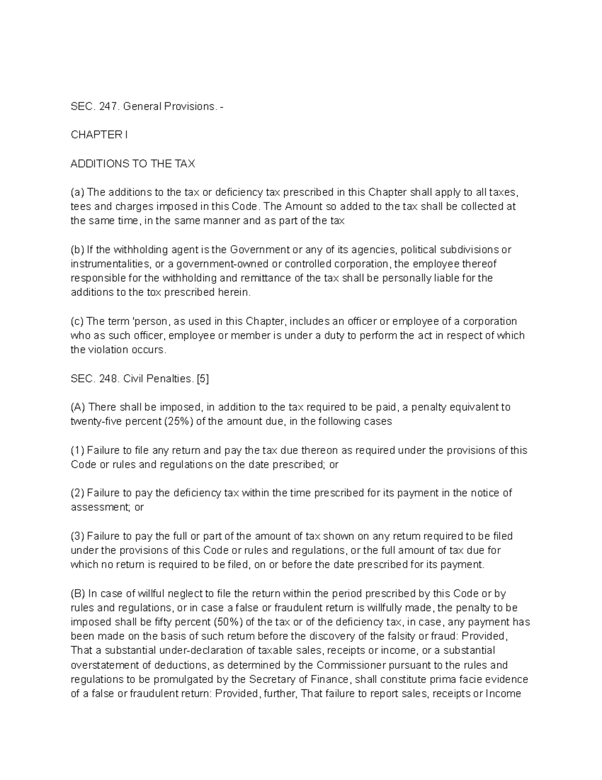 SEC. 247-249: General Provisions & Penalties in Tax Code Notes - Studocu