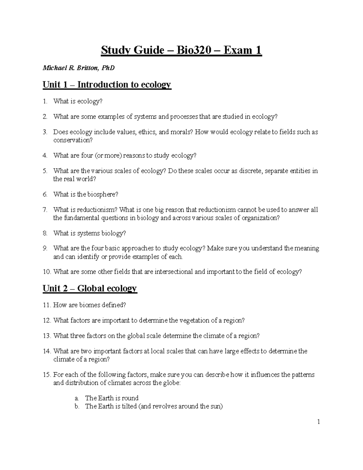 Study Guide for Bio320 Exam 1: Introduction to Ecology and Global ...