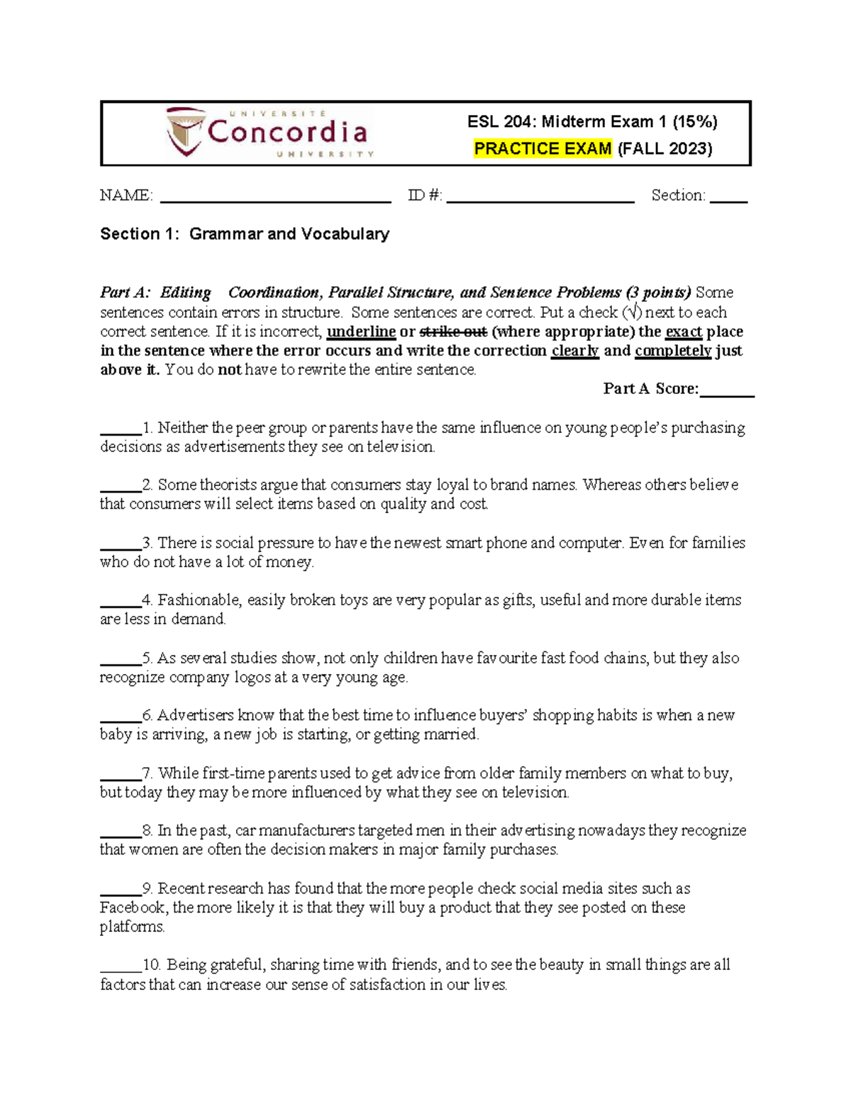 ESL 204: Midterm Exam 1 Practice Questions & Grammar Review (FALL 2023 ...