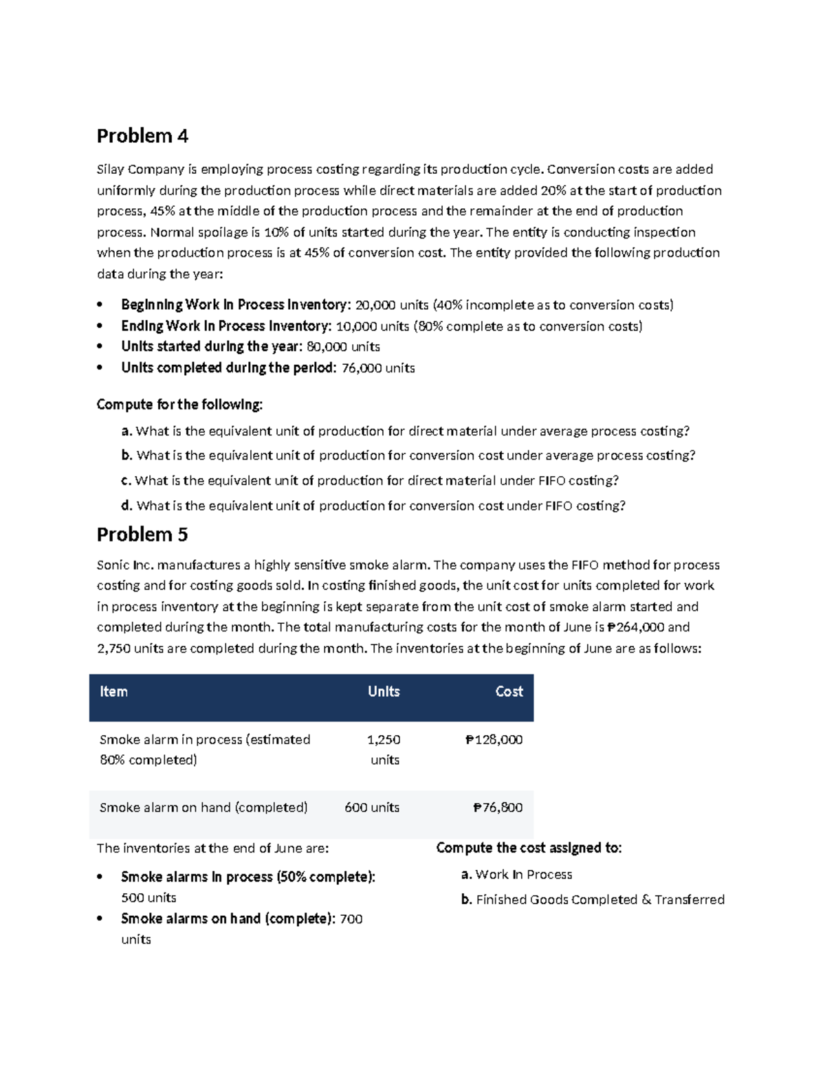 Process Costing Problems 4 & 5: Silay Co. & Sonic Inc. Analysis - Studocu