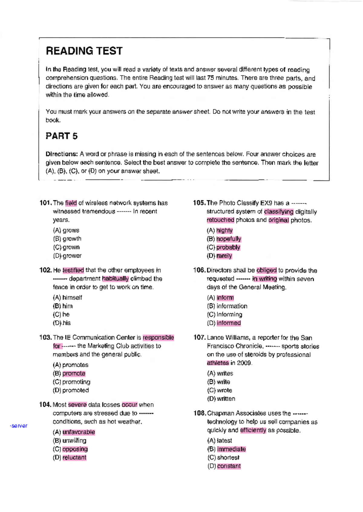 Reading Test Part 5 - August [TEST 1] - Studocu