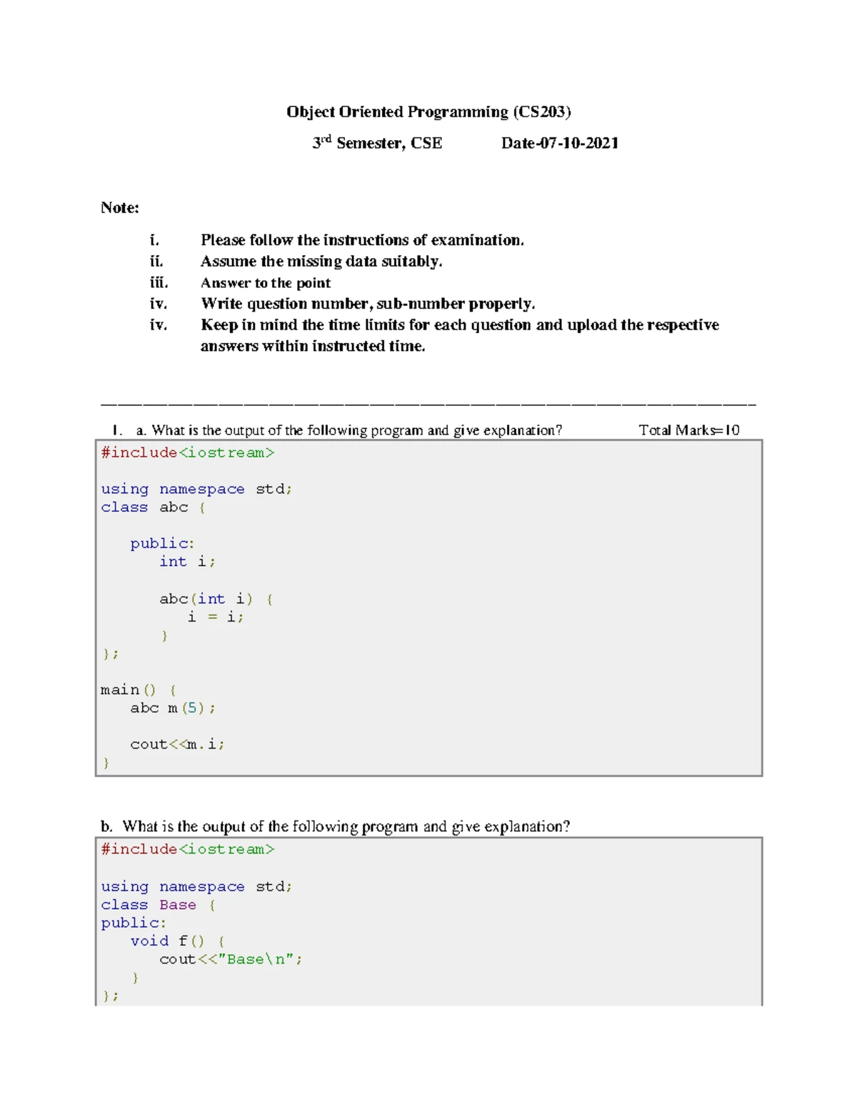 OOP Examination Question 2 - CS 203, 3rd Semester CSE - Studocu