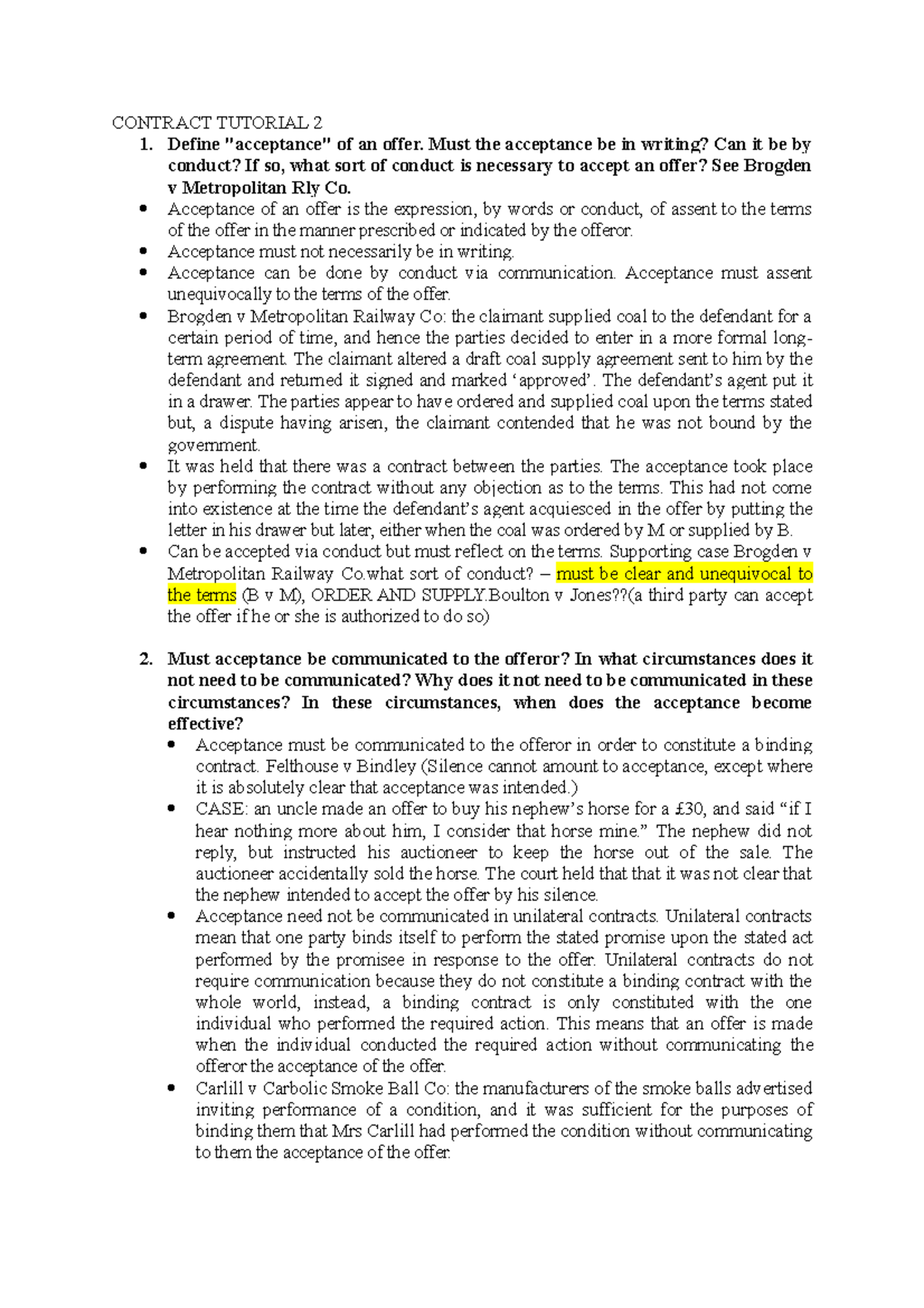 Summary for Contract Law 2 - CONTRACT TUTORIAL 2 1. Define "acceptance ...