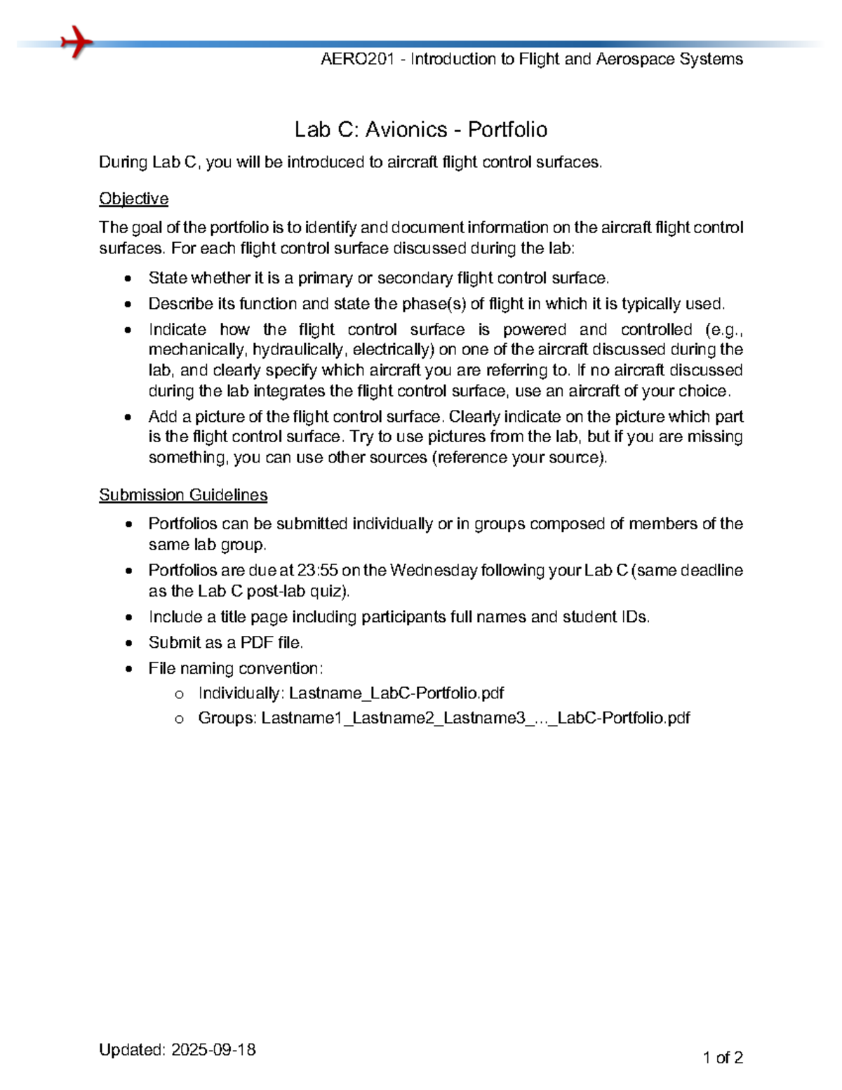 AERO201 Lab C: Flight Control Surfaces Portfolio Guidelines - Studocu