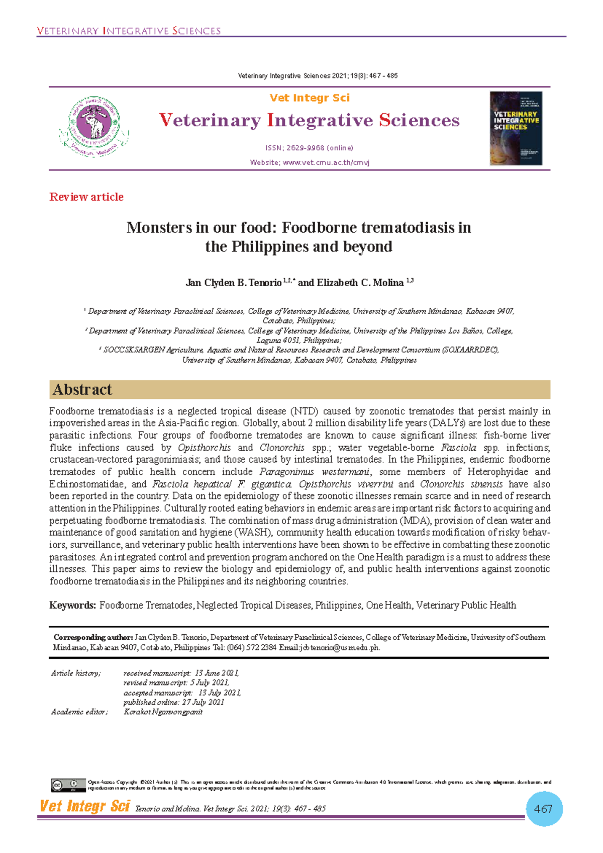 Vet Integr Sci 19(3): Foodborne Trematodiasis in the Philippines and ...