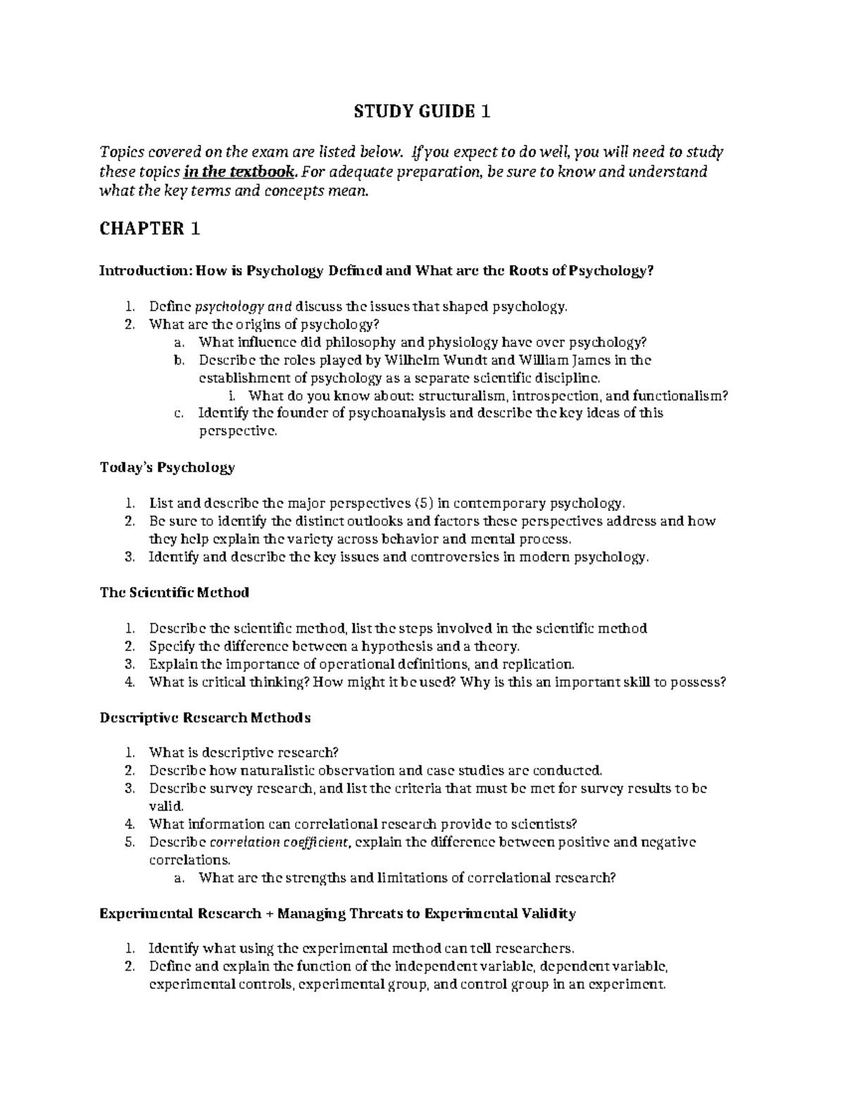PSY 101 Study Guide 1: Key Topics for Exam Preparation - Studocu