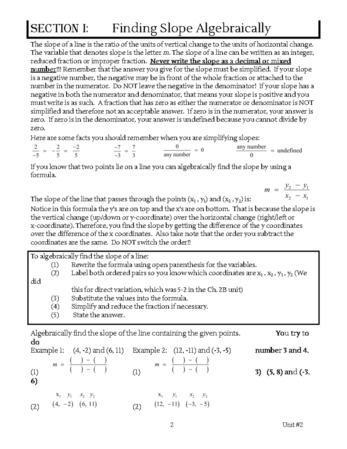 GU #2 Section I reading and homework - SECTION I: Finding Slope ...
