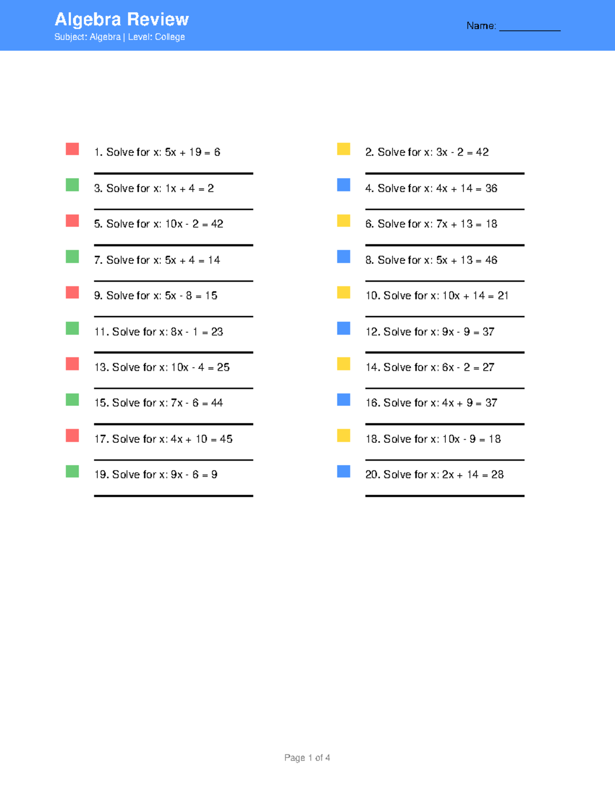 Algebra Review (College) - Problem Set and Solutions - Studocu