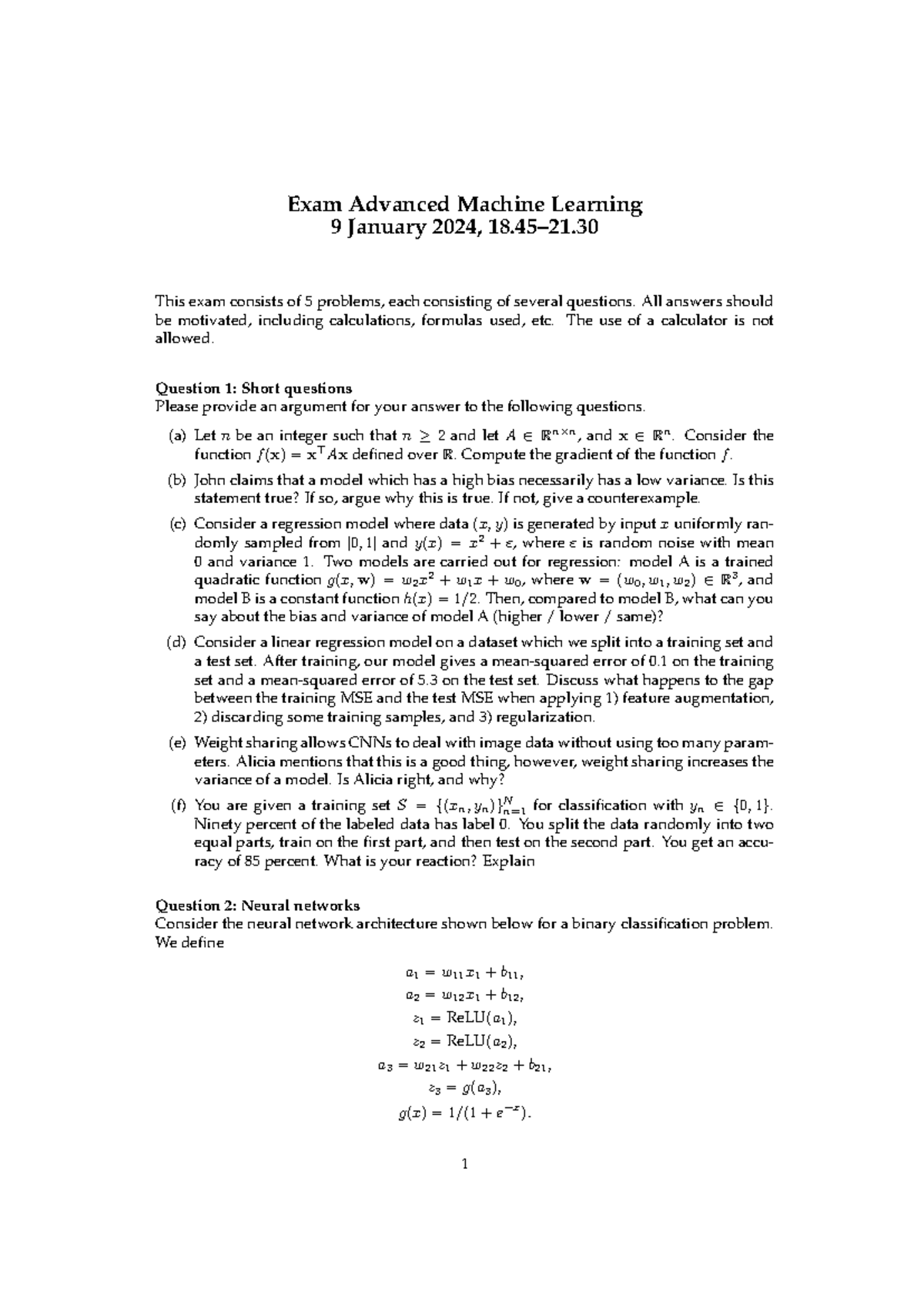 Advanced Machine Learning Exam (Course Code: 2023) - January 9, 2024 ...