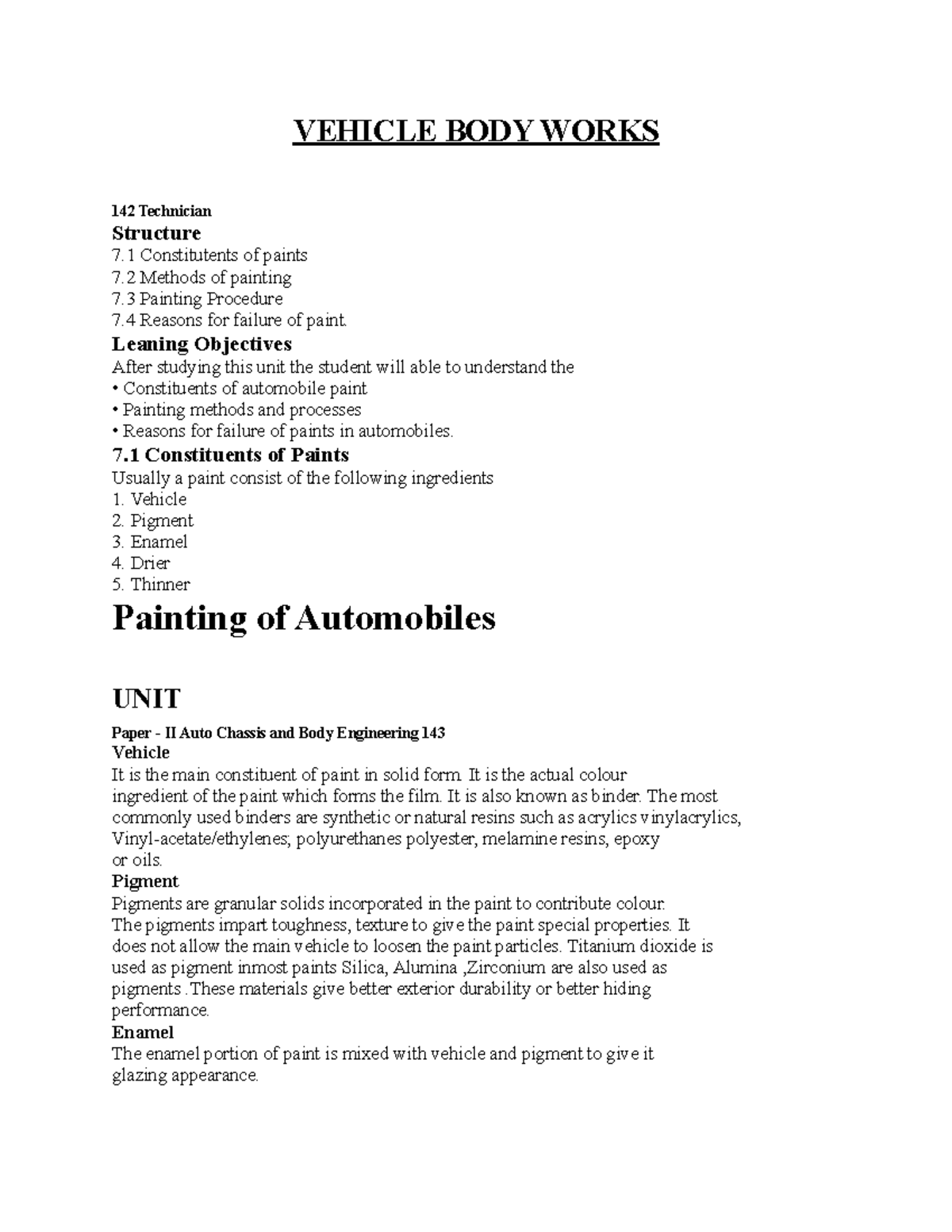 VEHICLE BODY WORKS (142 Technician) - Paints & Methods Notes - Studocu