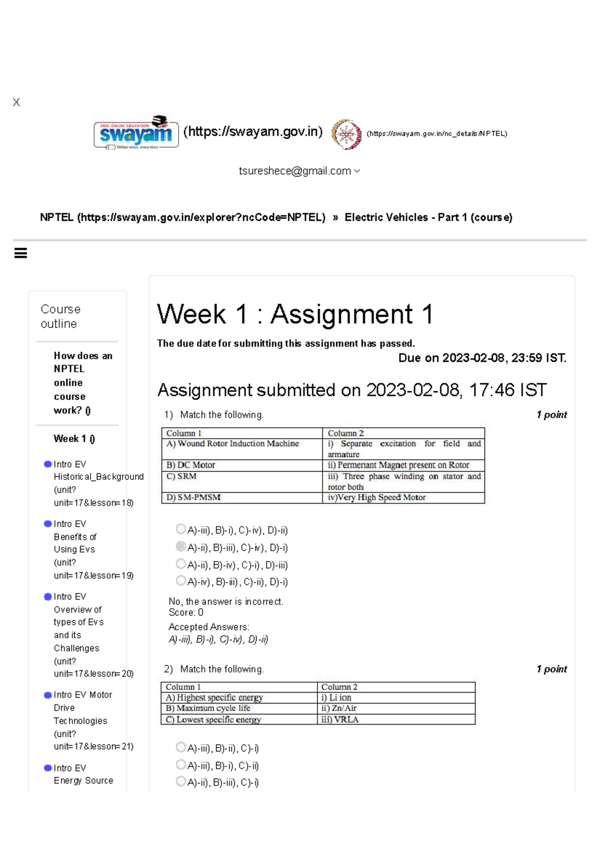 NPTEL Electric Vehicles (Part 1) - Week 1 Assignment Overview - Studocu