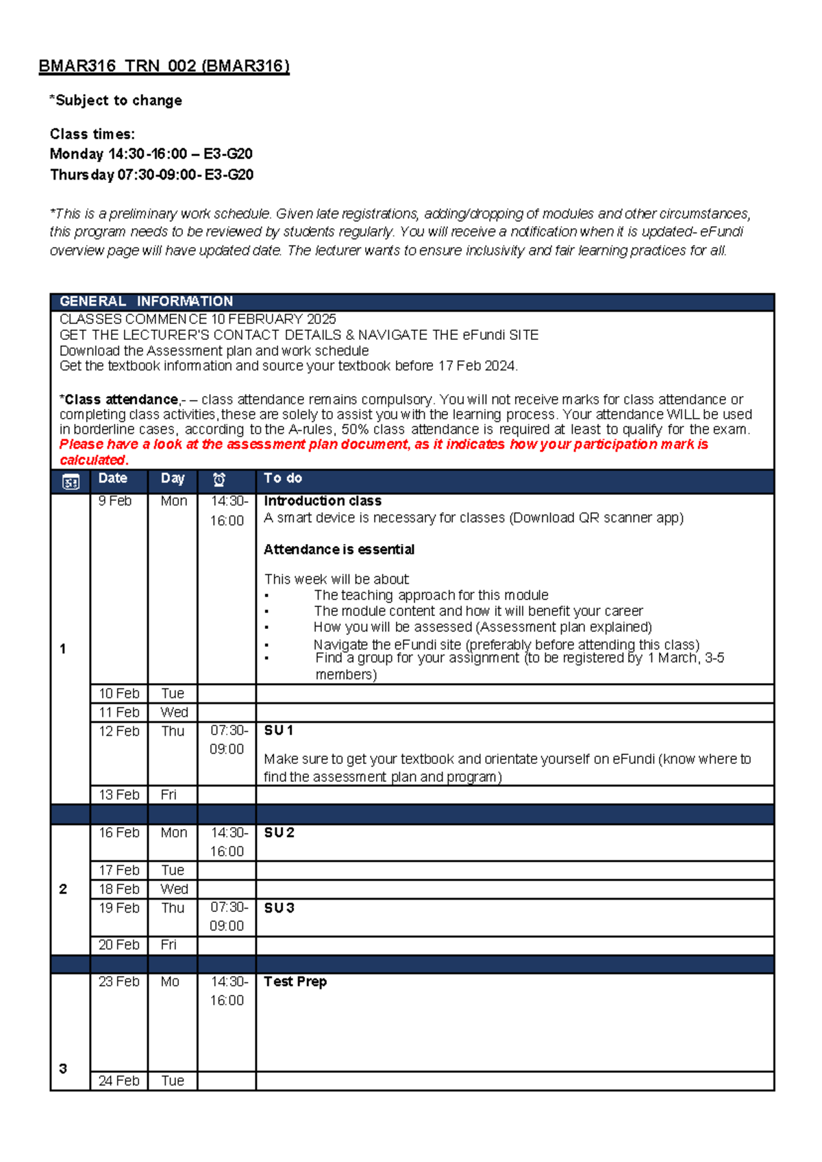BMAR316 Class Schedule & Important Dates Overview - Studocu
