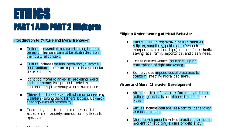 ETHICS 101 Midterm: Culture and Moral Behavior Insights - Studocu