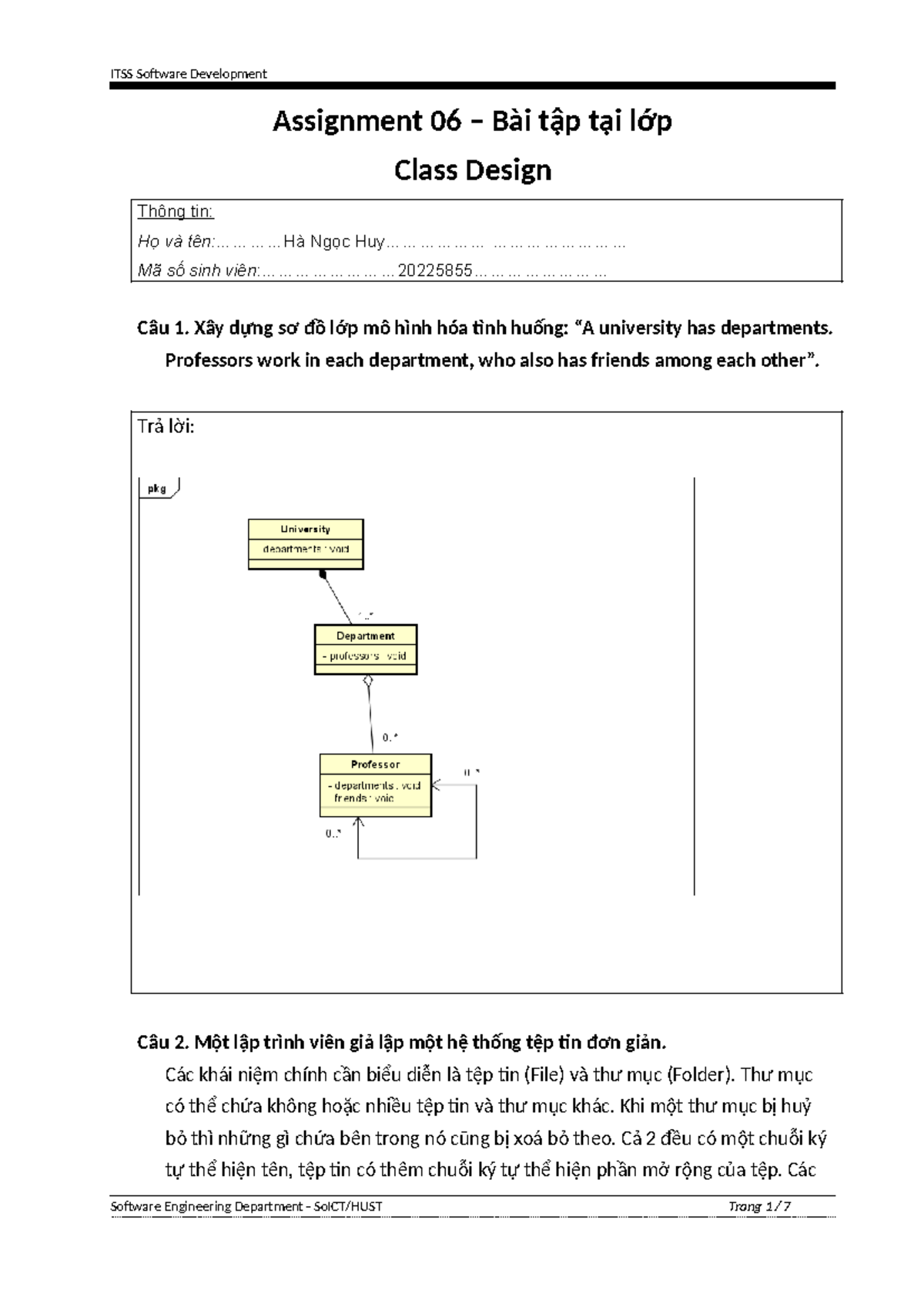 ITSS 20242 Software Development Assignment 06: Class Design & UML - Studocu