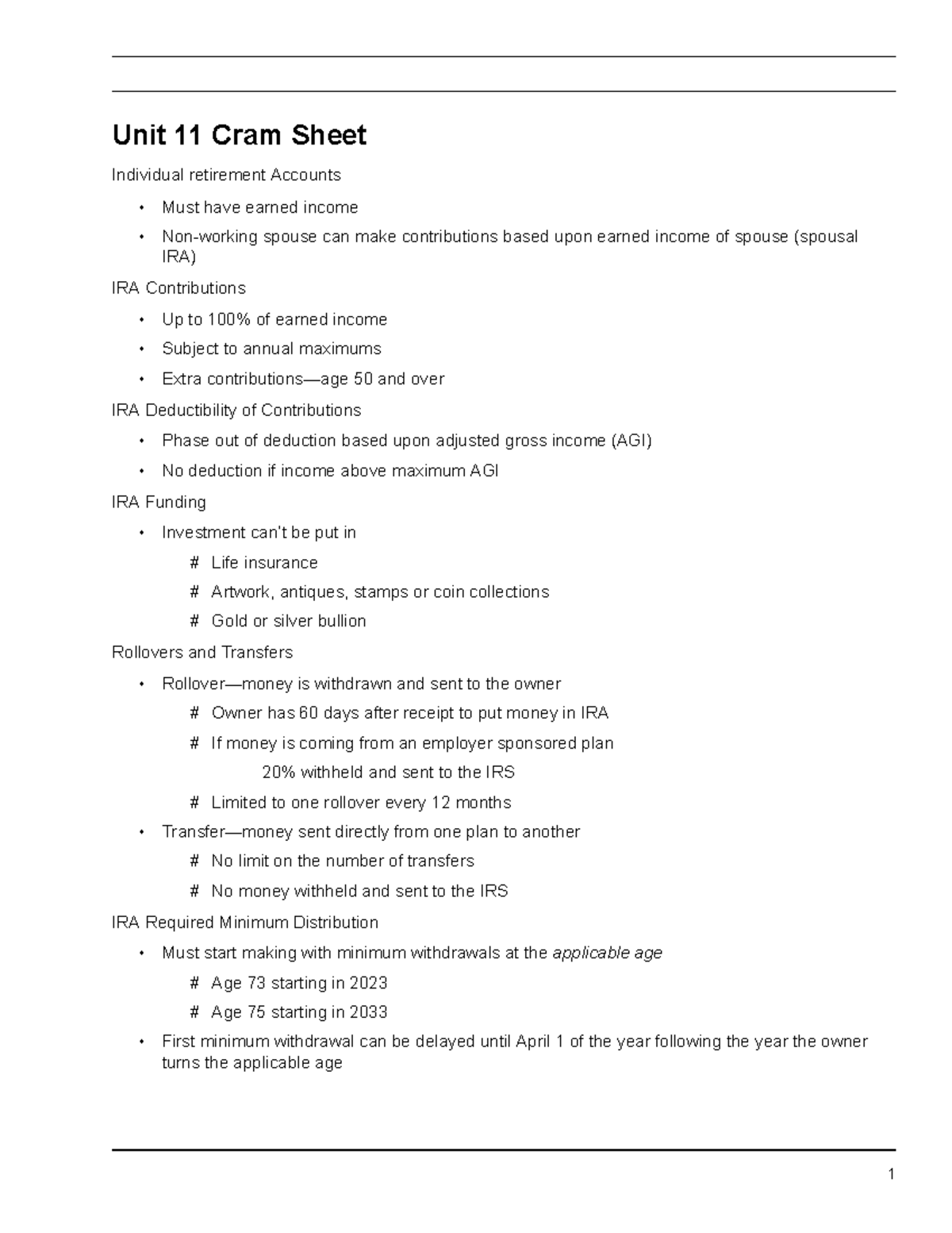 Unit 11 Cram Sheet: Key Insights on Individual Retirement Accounts ...