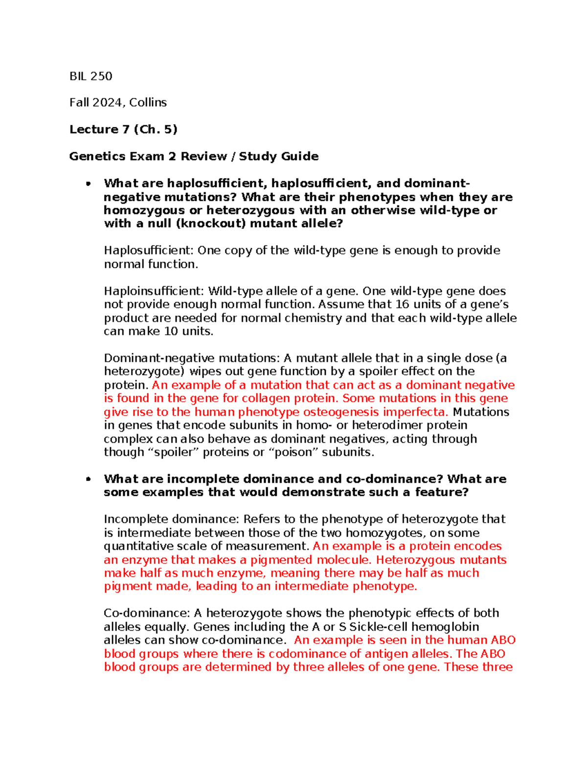 BIL 250 Fall 2024 Genetics Exam 2 Review / Study Guide - Studocu