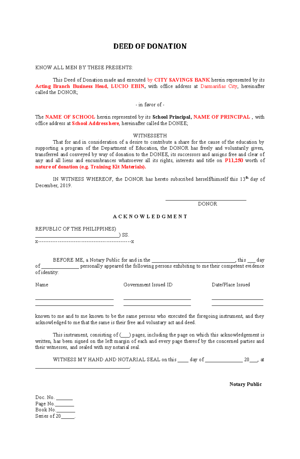 Dod doa template - deed of donation - DEED OF DONATION KNOW ALL MEN BY ...