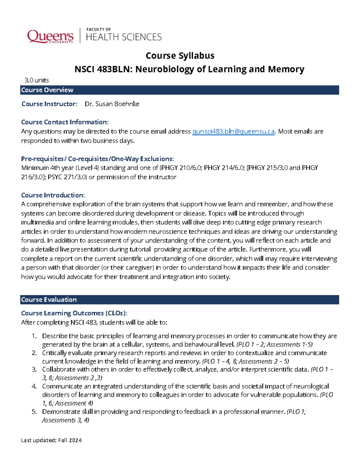 NSCI 483BLN Course Syllabus: Neurobiology of Learning & Memory 2025 ...