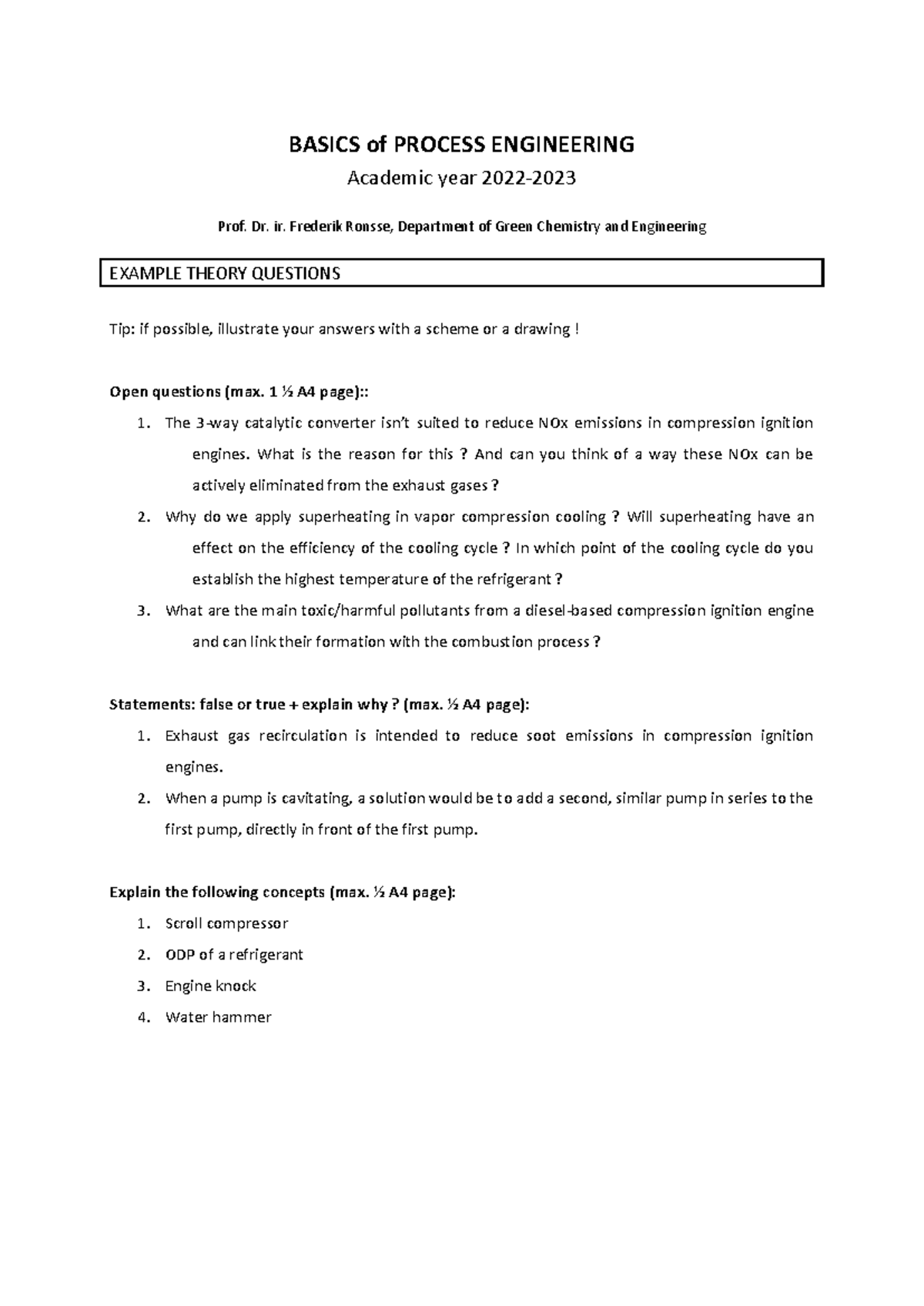 BASICS of PROCESS ENGINEERING: Sample Exam Questions - Studocu