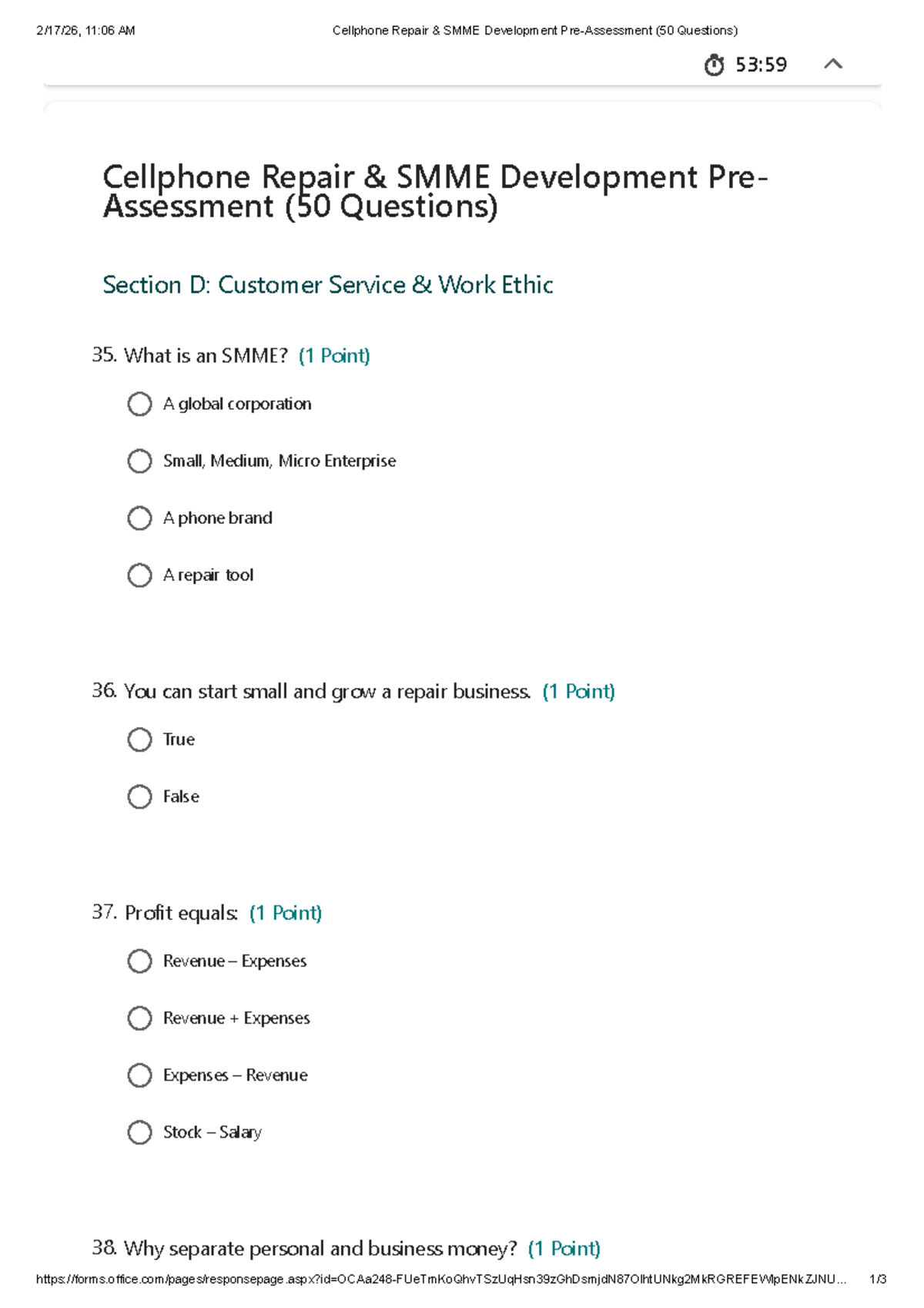 Cellphone Repair SMME Development Pre-Assessment (50 Questions) - Studocu