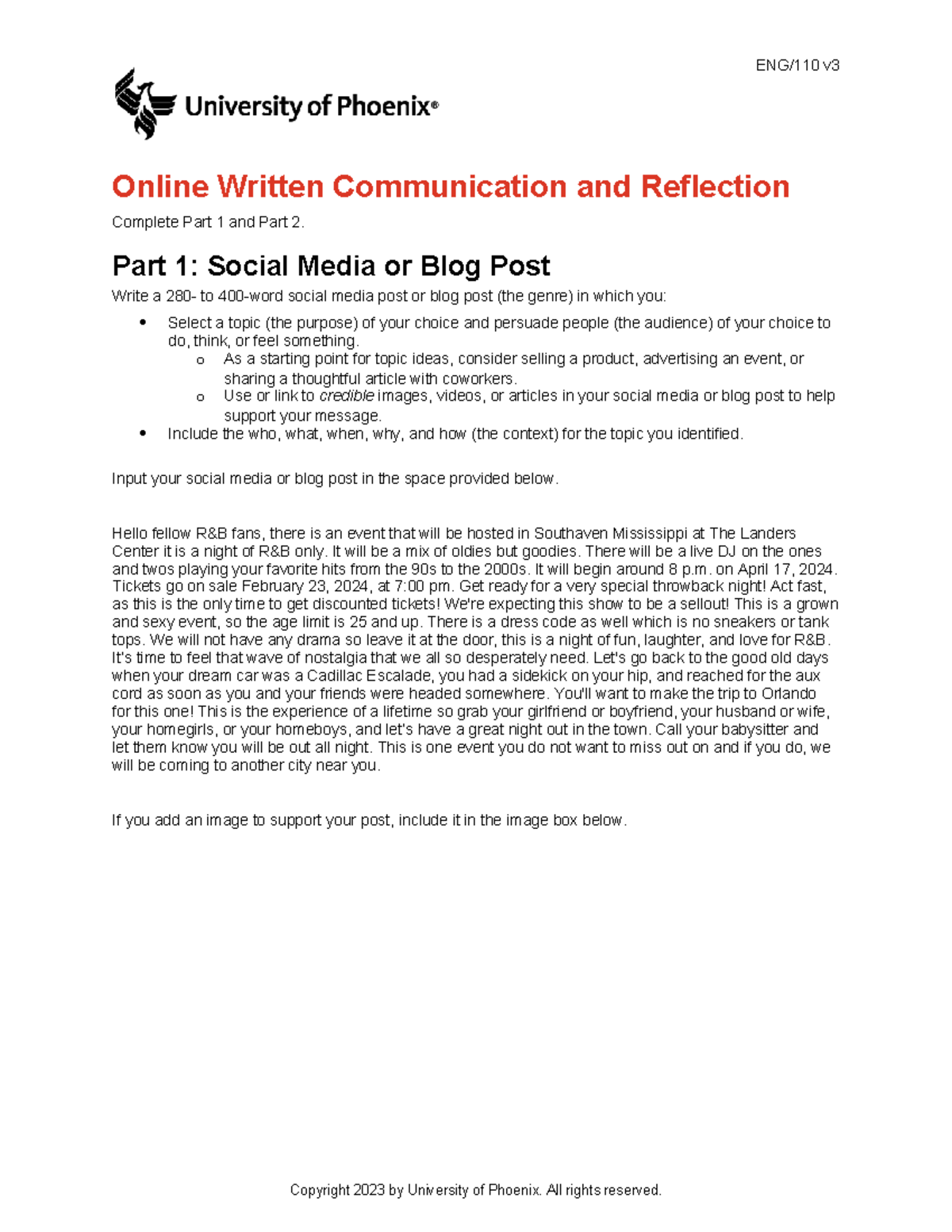 ENG/110 v3 Wk3 Online Written Communication: Social Media Post Guide ...