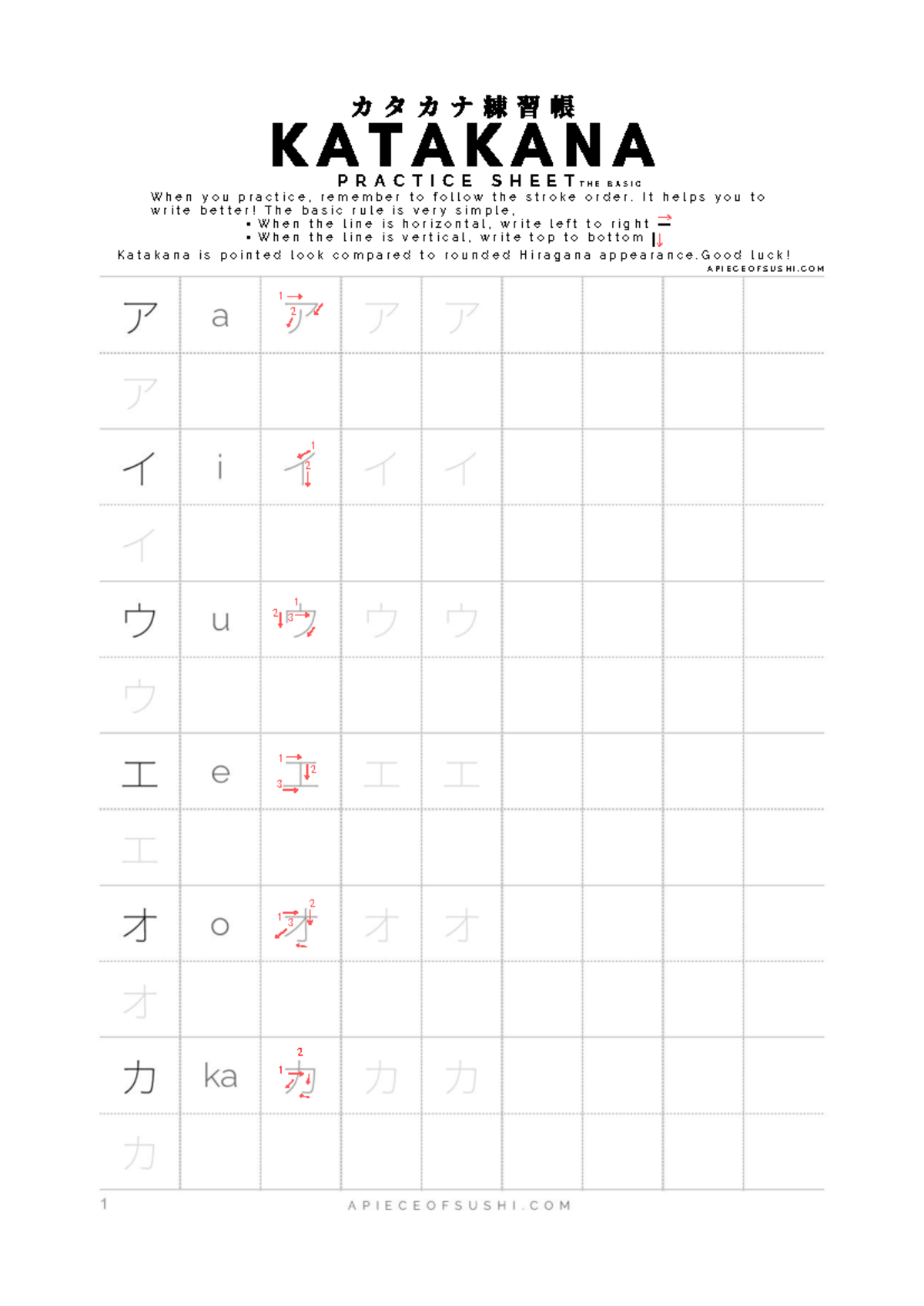 Katakana Practice Sheet Workbook - Stroke Order and Tips - Studocu