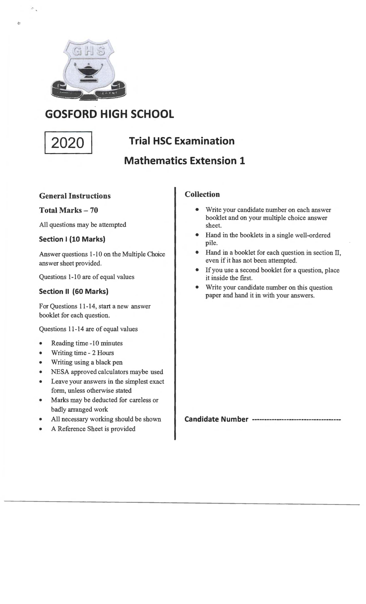 GOS 2020 Y12 Mathematics Extension 1 Trial HSC Exam - Past Paper - Studocu