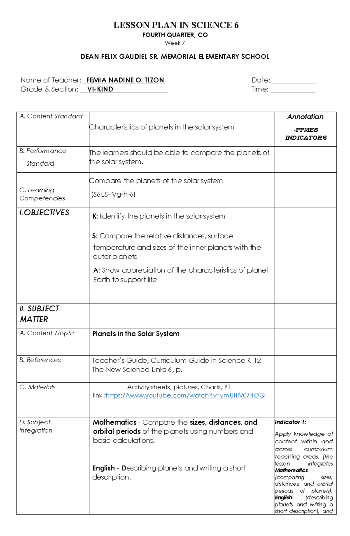 CO- Science 6 - Lesson Plan for Week 7: Exploring Planets in Our Solar ...