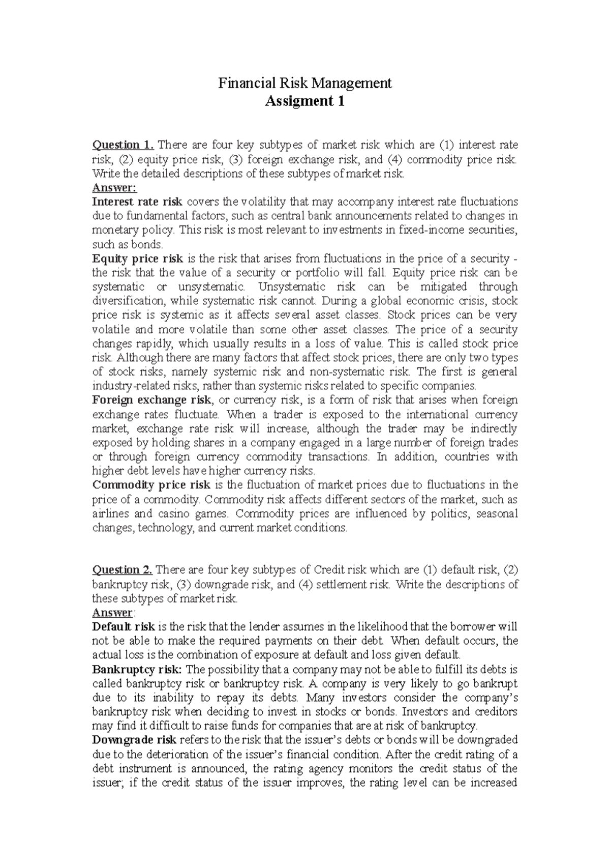 FRM Assignment 1: Weekly Homework on Market and Credit Risks - Studocu